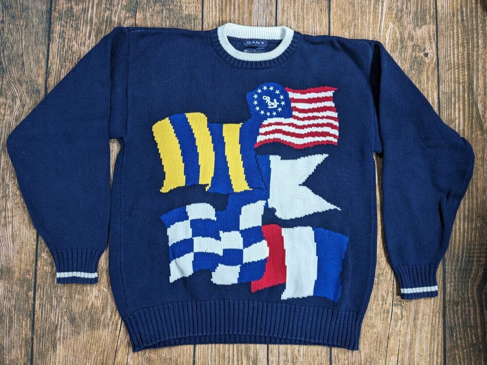 Vintage Mens Gant Flags Sweater Navy Blue Size XL Hand Intarsia